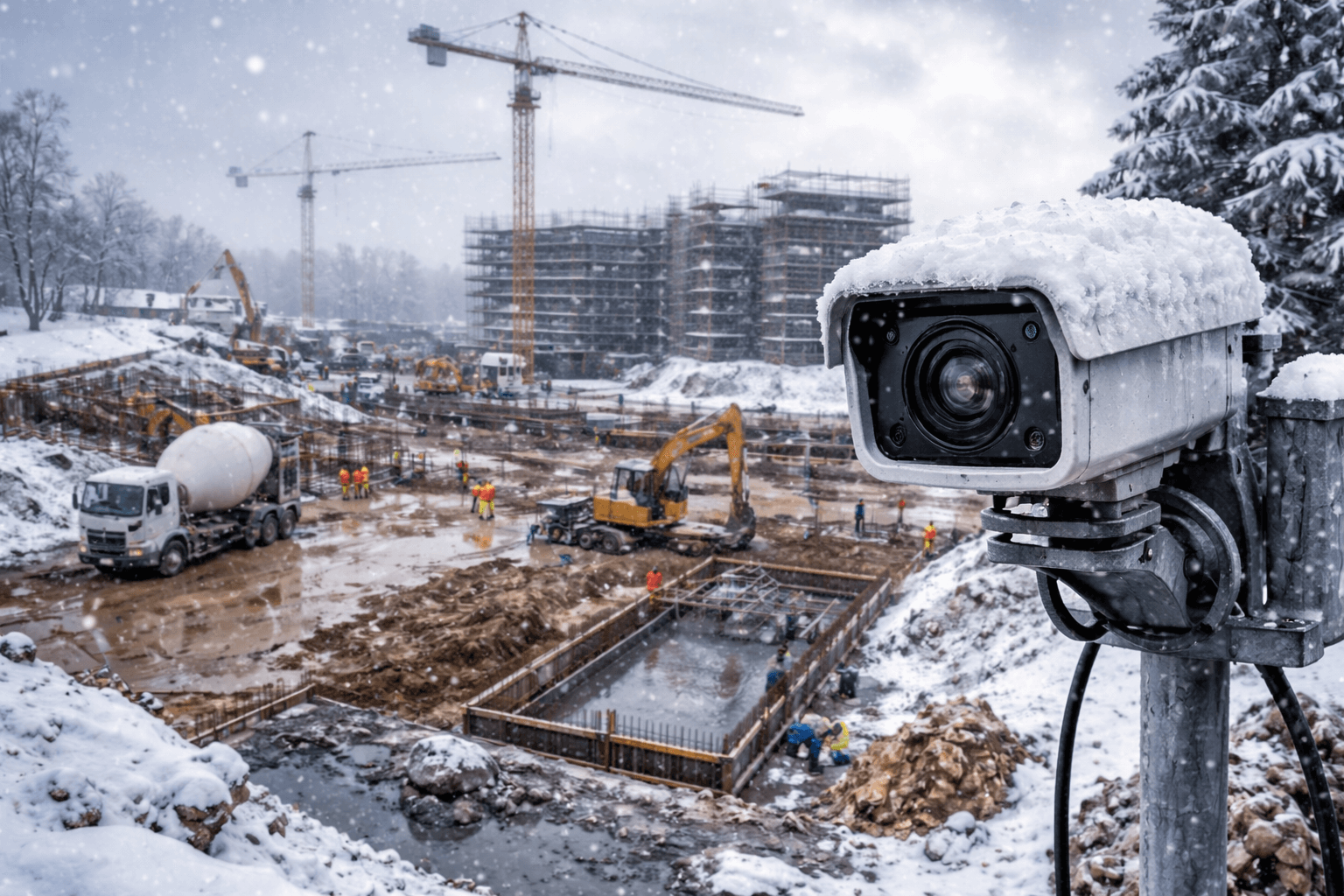 Caméra timelapse installée sur un chantier en hiver pour le suivi des travaux