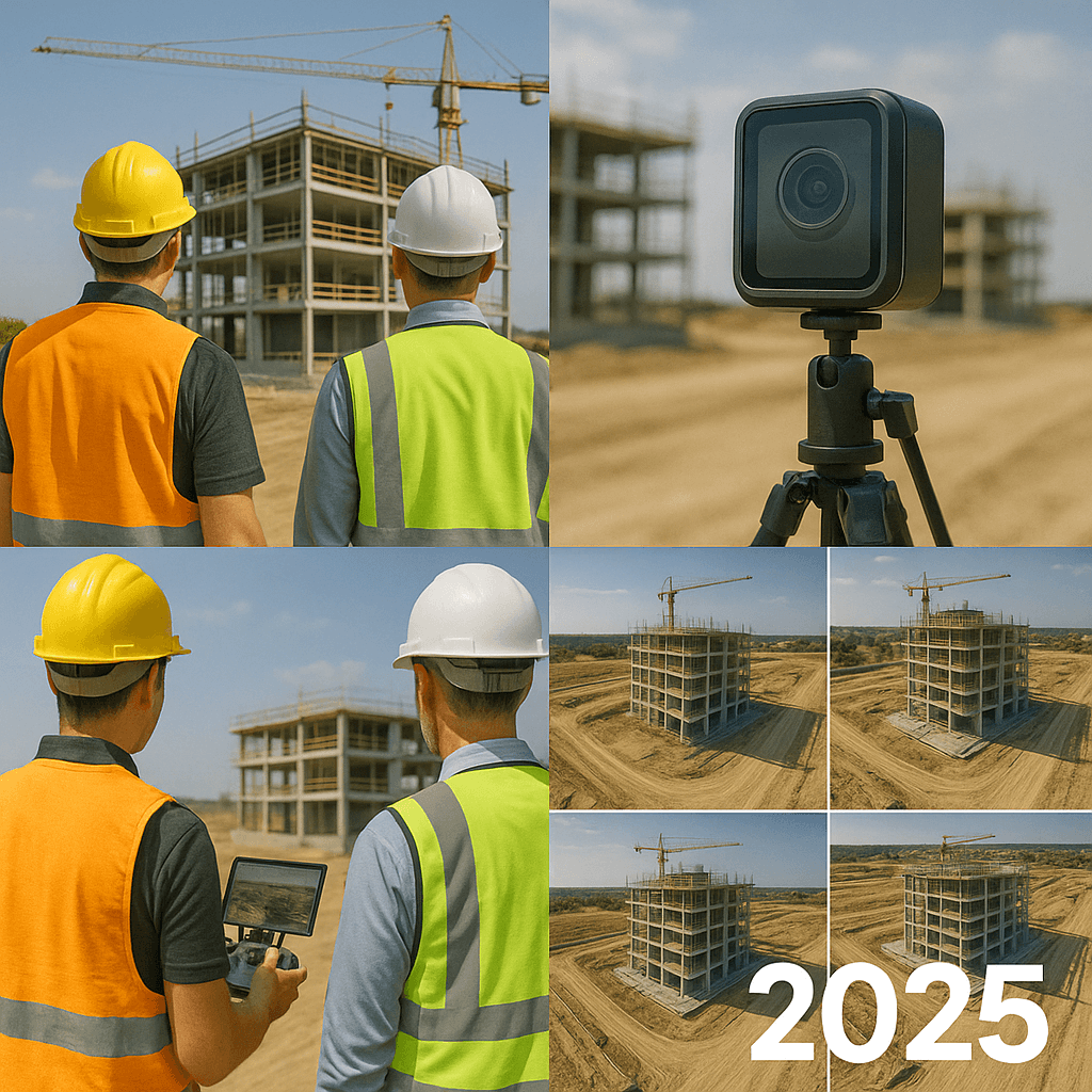 Un chantier filmé en timelapse en 2025, avec des ouvriers de dos, une caméra installée sur trépied et l’avancement d’un bâtiment en construction.